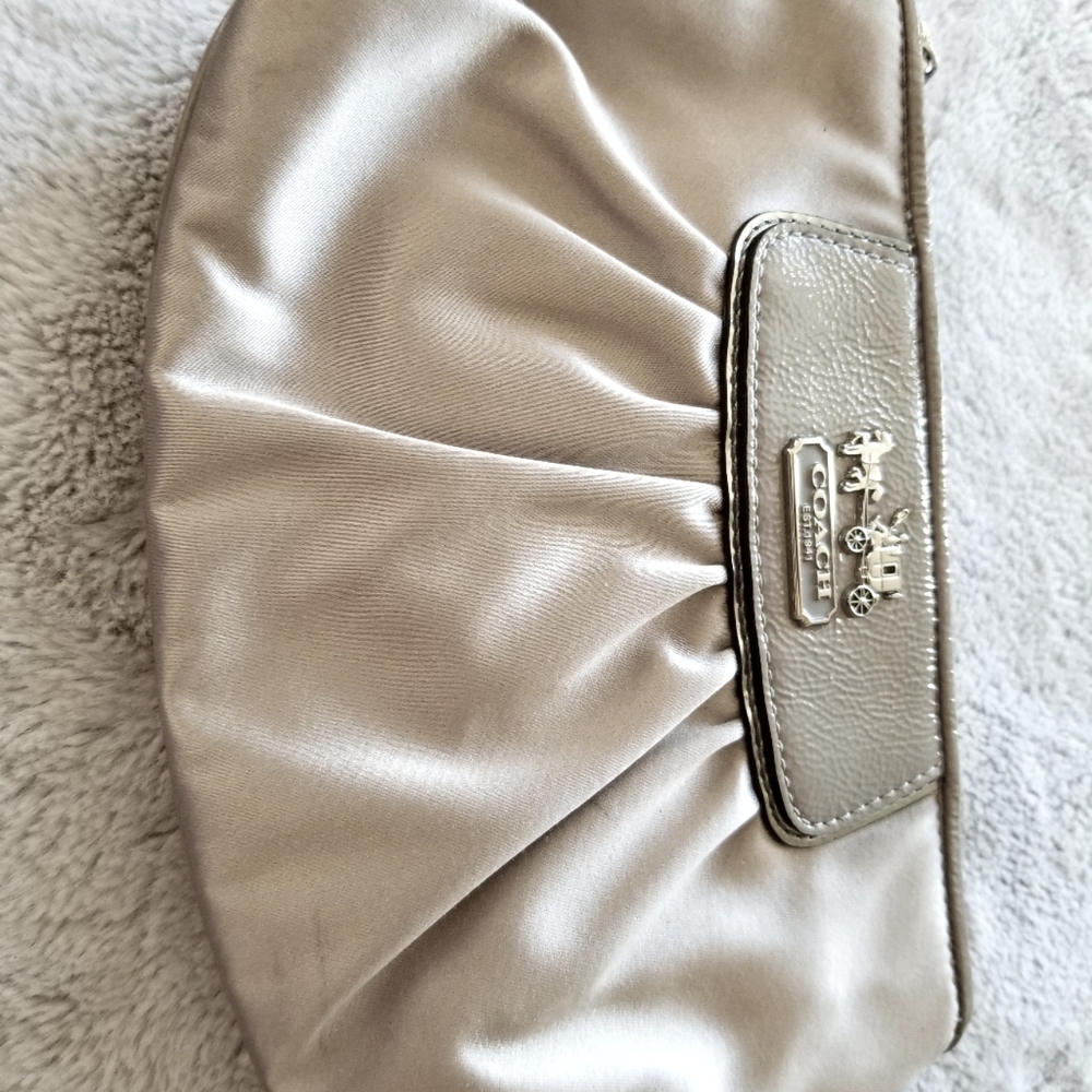 Coach Siver satin wristlet with Patent Leather trim